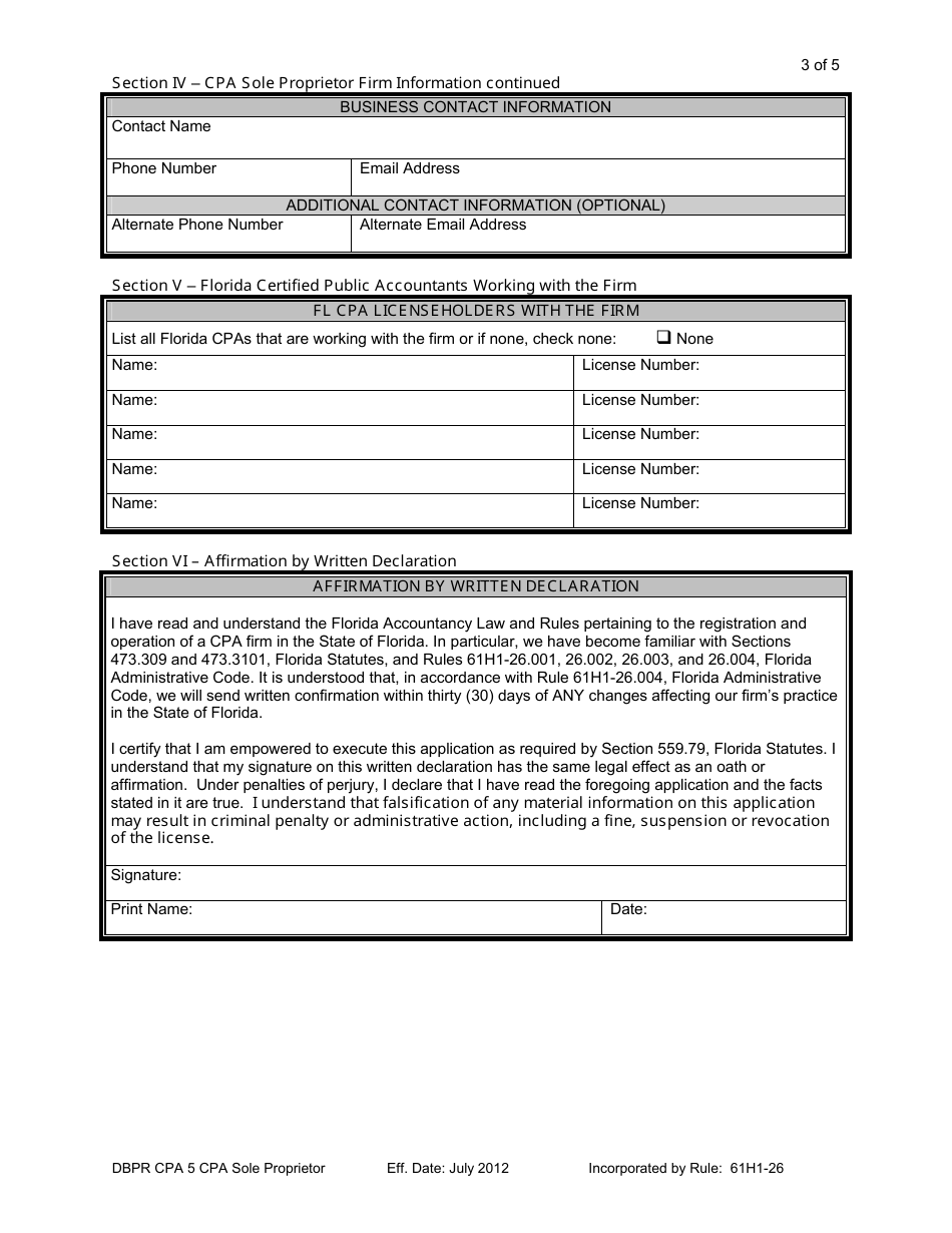 Form DBPR CPA5 Application for CPA Sole Proprietor Firm - Florida, Page 3