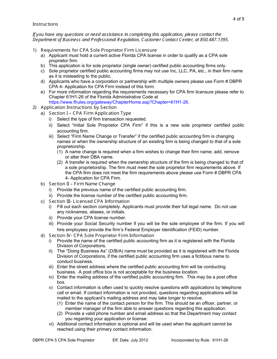 Form DBPR CPA5 Application for CPA Sole Proprietor Firm - Florida, Page 4