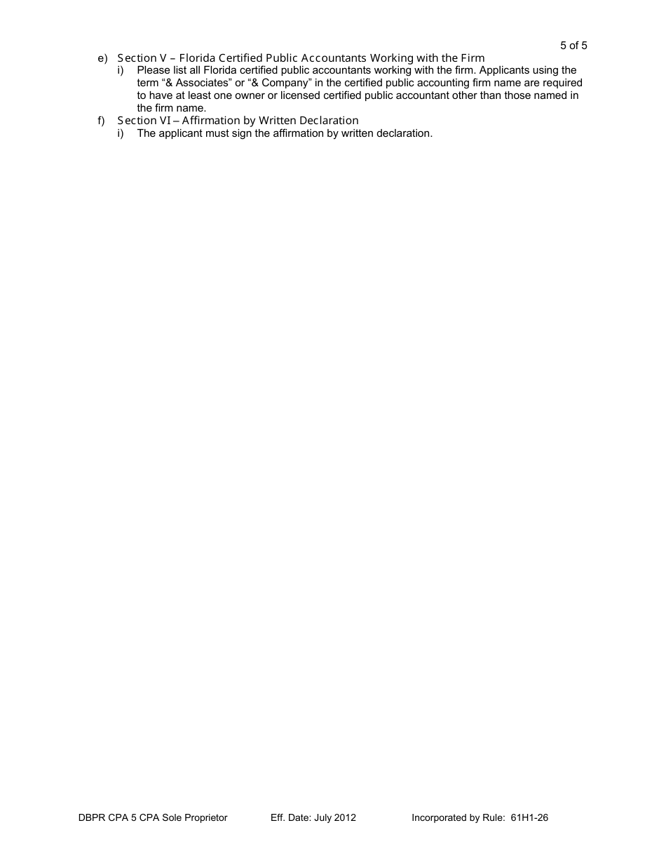Form DBPR CPA5 Application for CPA Sole Proprietor Firm - Florida, Page 5