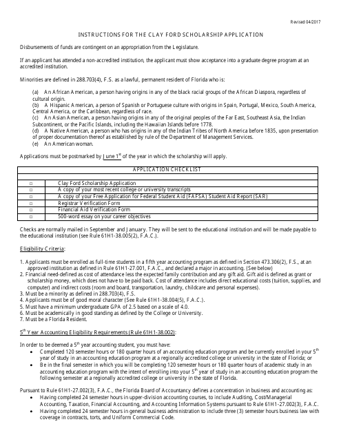 "Clay Ford Scholarship for 5th Year Accounting Students Application Form" - Florida Download Pdf