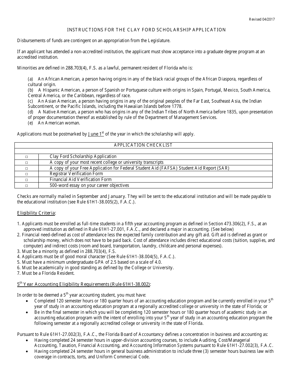 Clay Ford Scholarship for 5th Year Accounting Students Application Form - Florida, Page 1