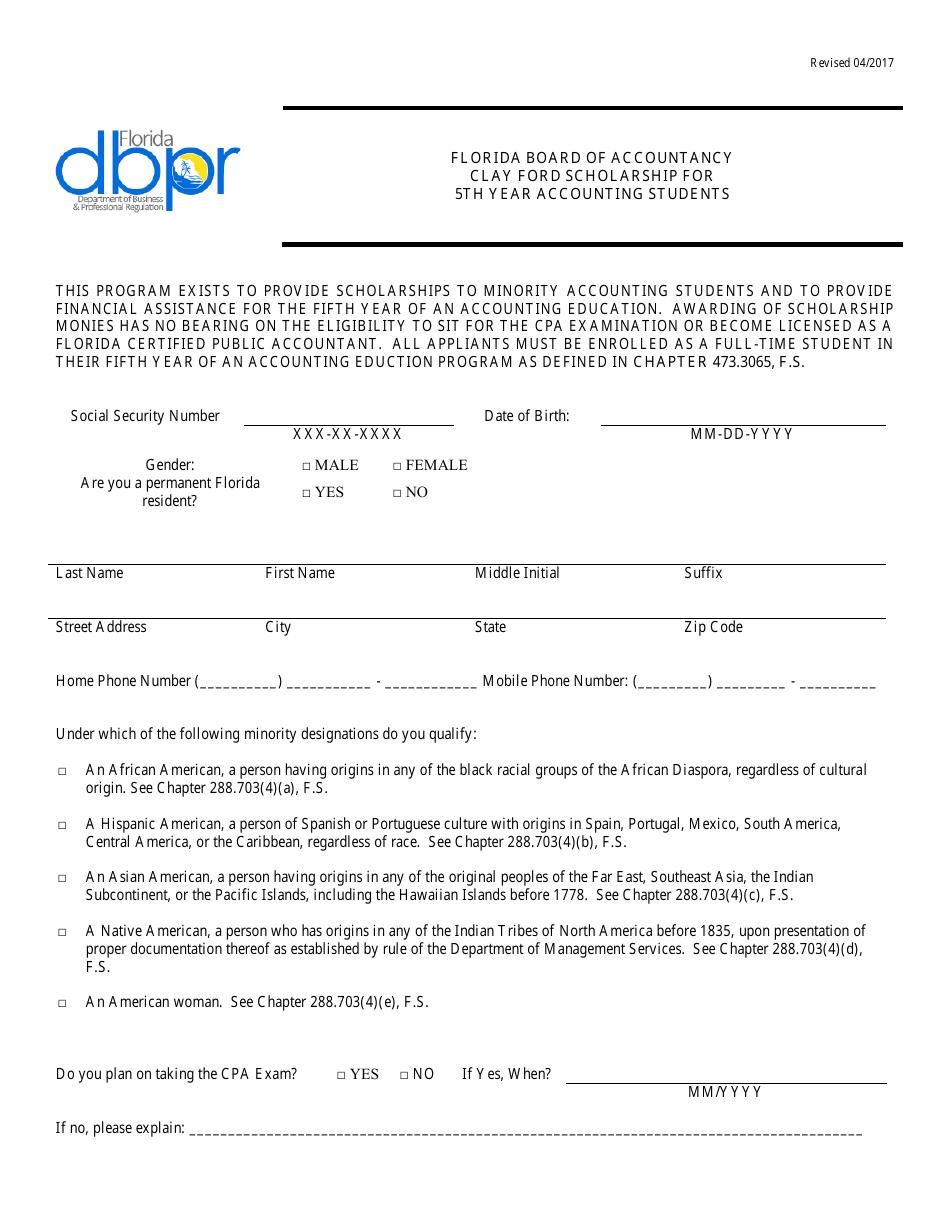 Clay Ford Scholarship for 5th Year Accounting Students Application Form - Florida, Page 3