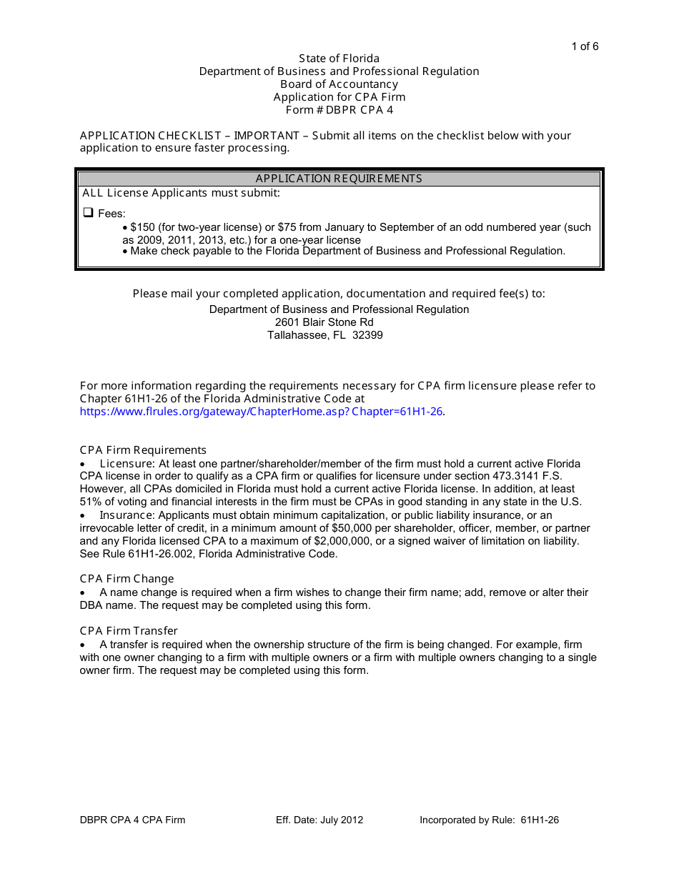 Form DBPR CPA4 Application for CPA Firm - Florida, Page 1