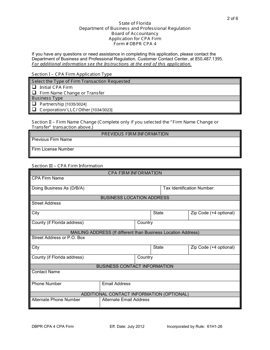 Form DBPR CPA4 Application for CPA Firm - Florida, Page 2