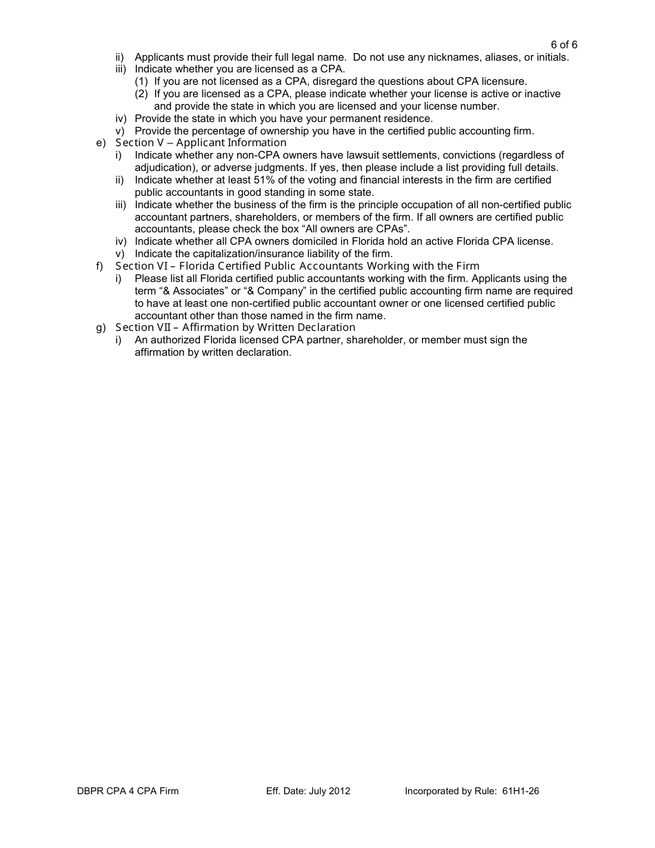 Form DBPR CPA4 Application for CPA Firm - Florida, Page 6