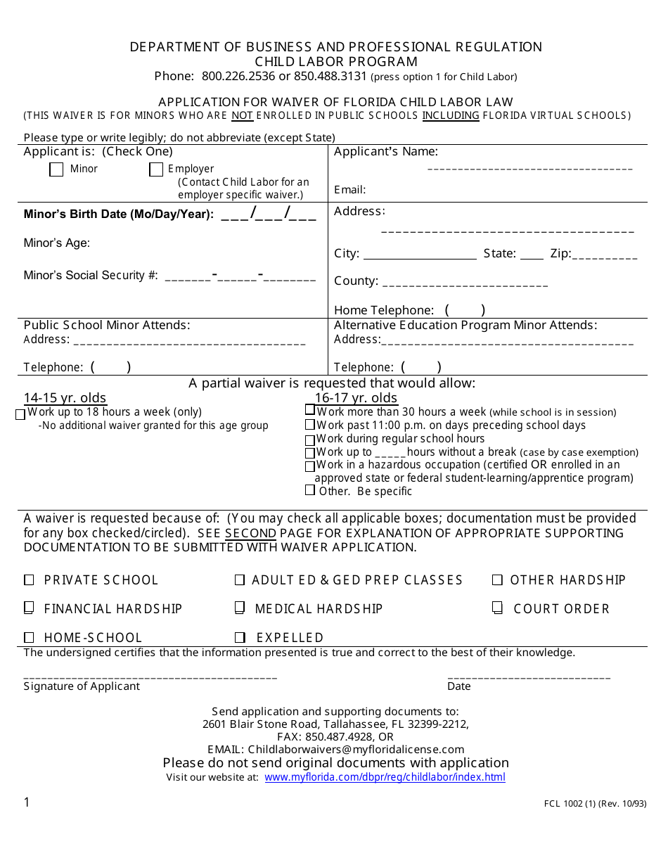Form FCL1002 (1) Application for Waiver of Florida Child Labor Law - Child Labor Program - Florida, Page 1