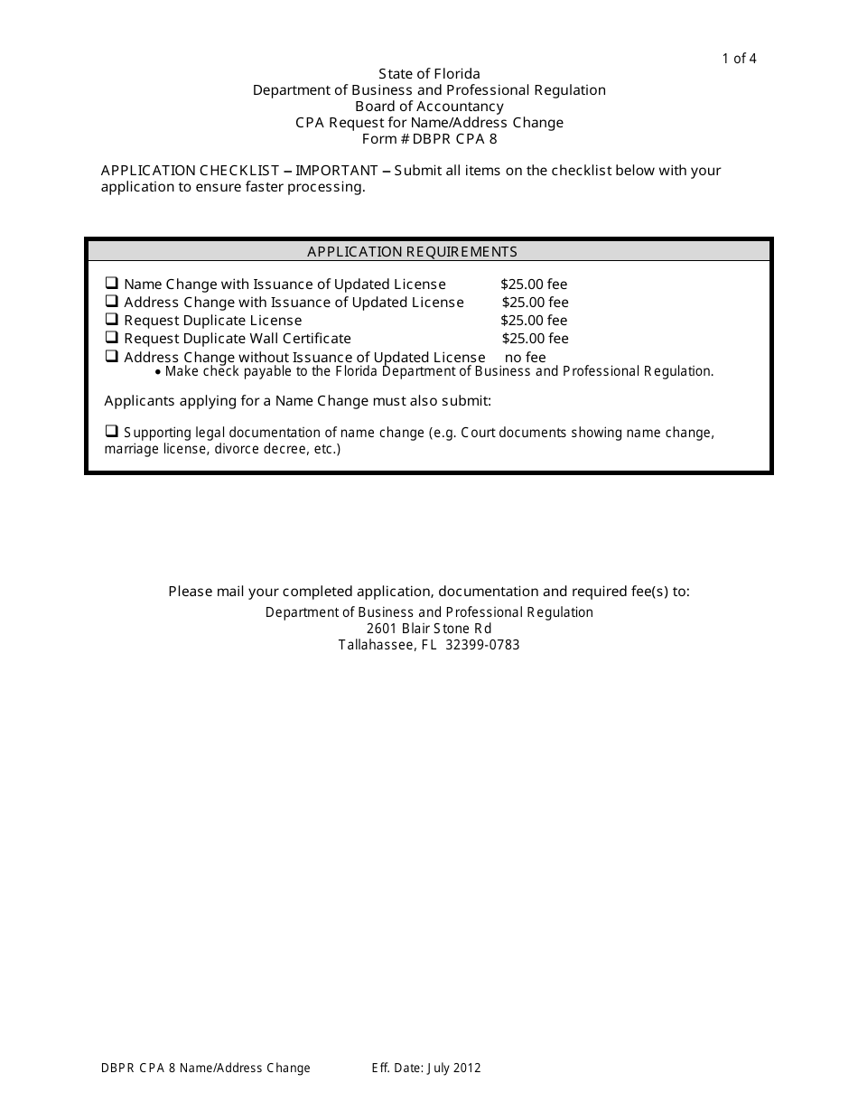 Form DBPR CPA8 CPA Request for Name / Address Change - Florida, Page 1