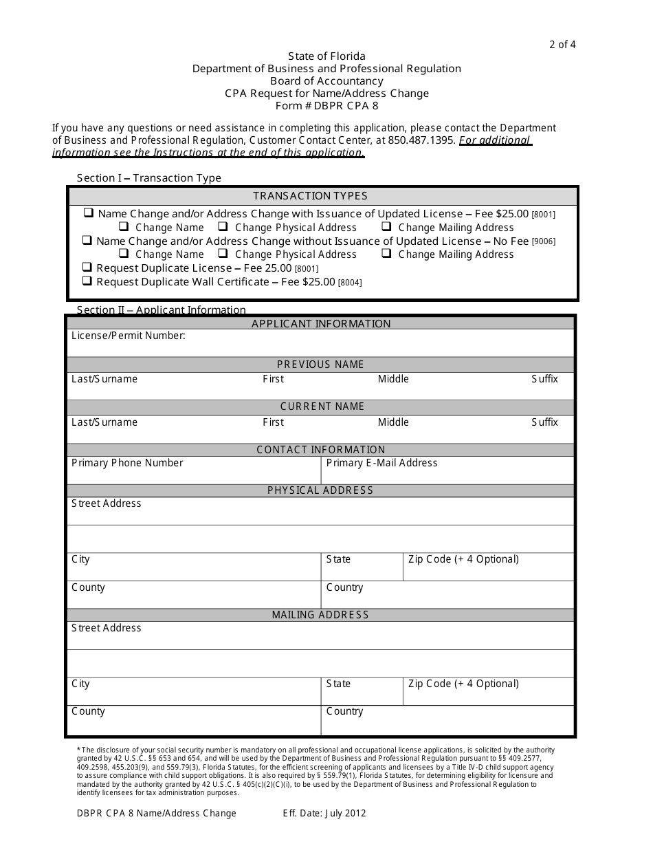 Form DBPR CPA8 CPA Request for Name / Address Change - Florida, Page 2