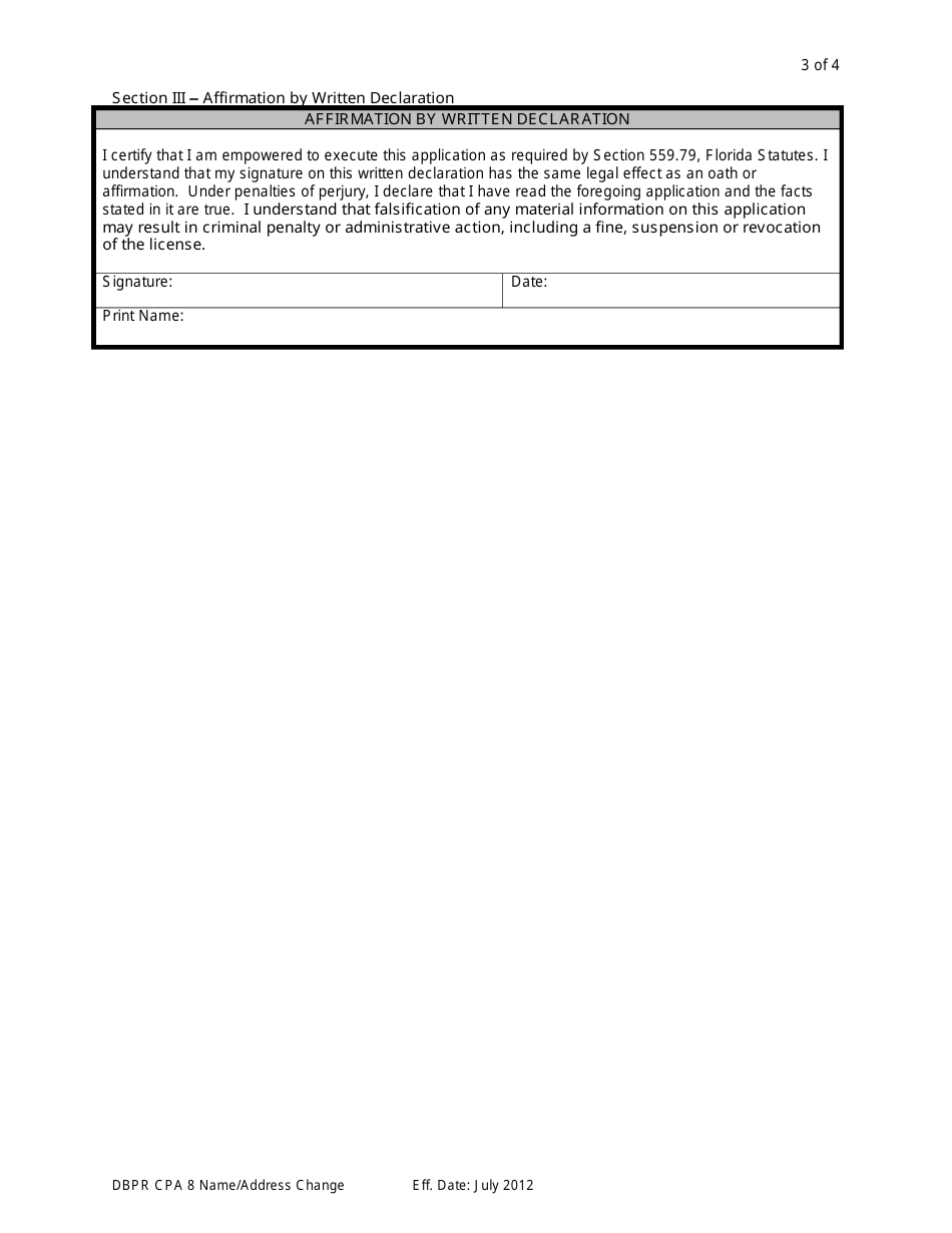 Form DBPR CPA8 CPA Request for Name / Address Change - Florida, Page 3