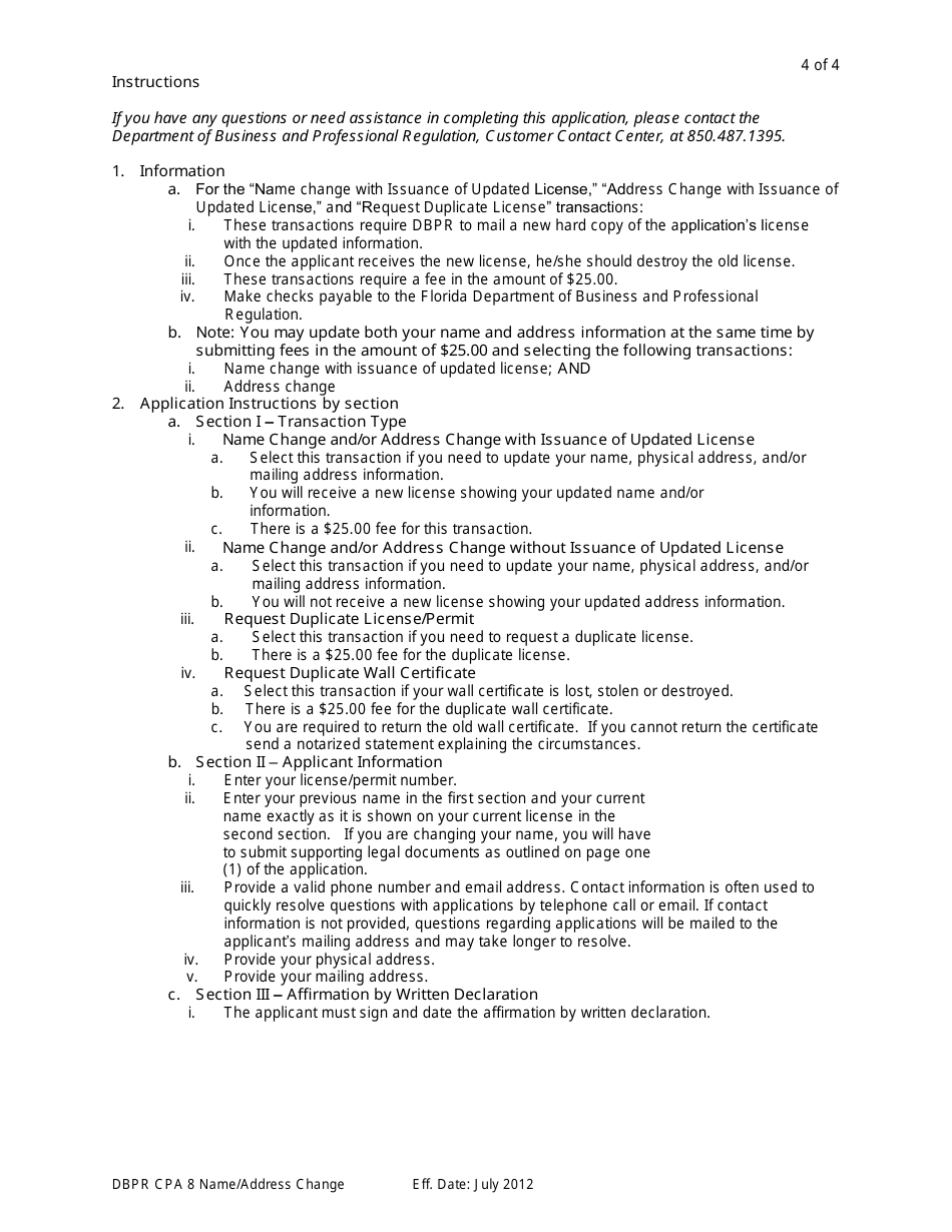 Form DBPR CPA8 CPA Request for Name / Address Change - Florida, Page 4