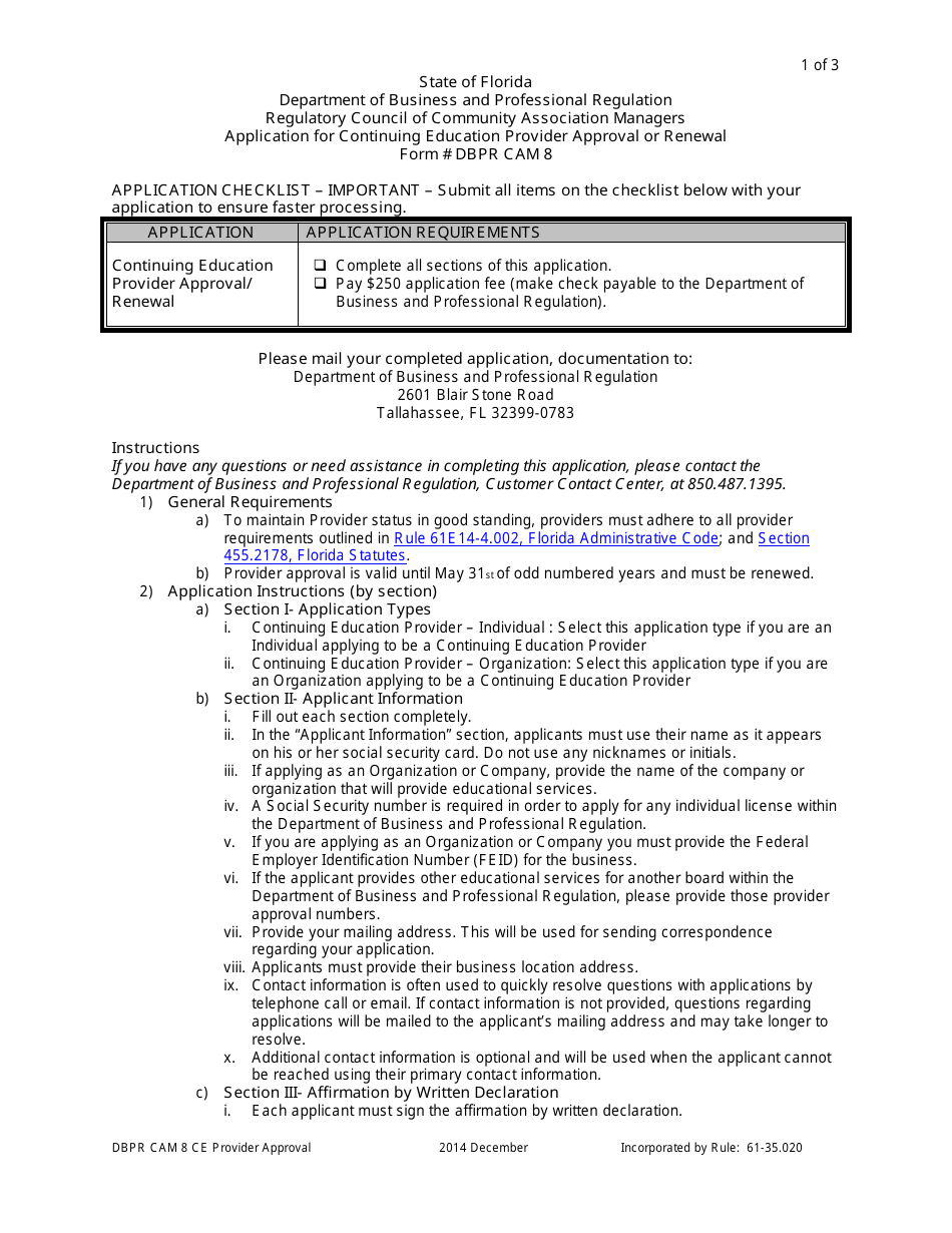 Form DBPR CAM8 Application for Continuing Education Provider Approval or Renewal - Florida, Page 1