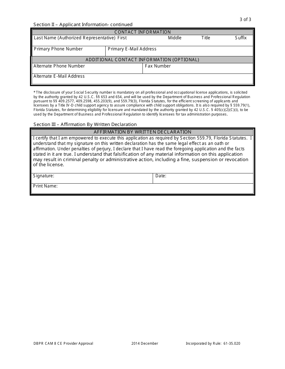 Form DBPR CAM8 Application for Continuing Education Provider Approval or Renewal - Florida, Page 3