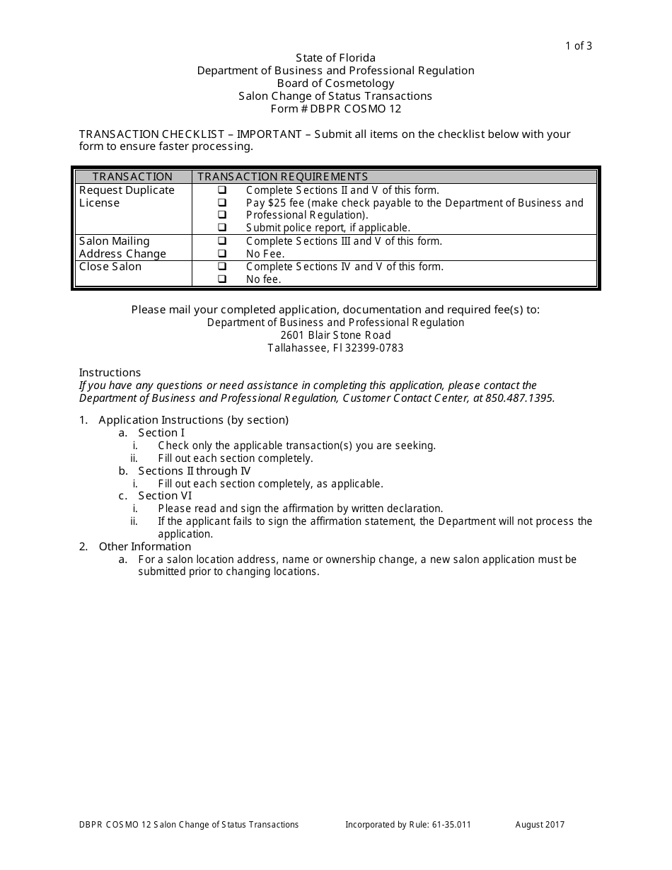 Form DBPR COSMO12 Salon Change of Status Transactions - Florida, Page 1