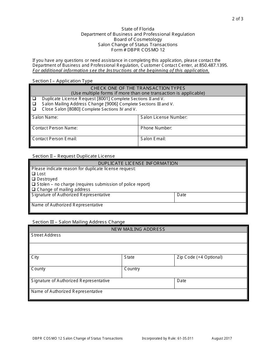 Form DBPR COSMO12 Salon Change of Status Transactions - Florida, Page 2