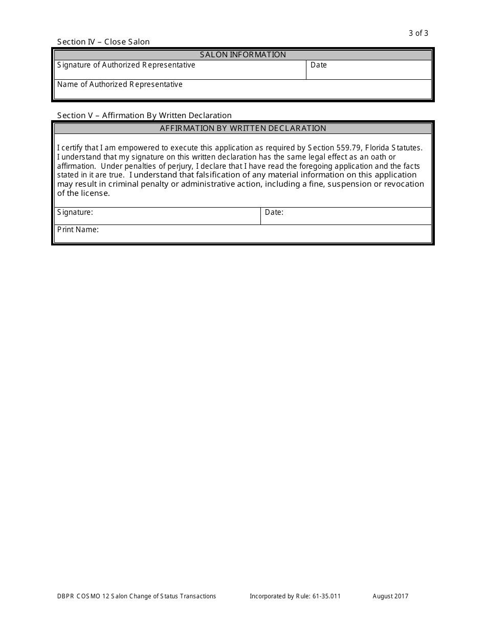 Form DBPR COSMO12 Salon Change of Status Transactions - Florida, Page 3