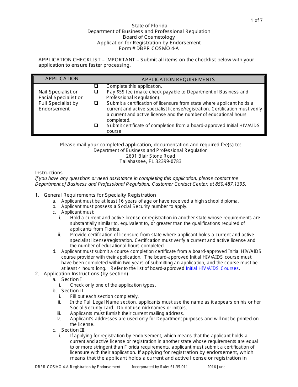 Form DBPR COSMO4-A Application for Registration by Endorsement - Florida, Page 1