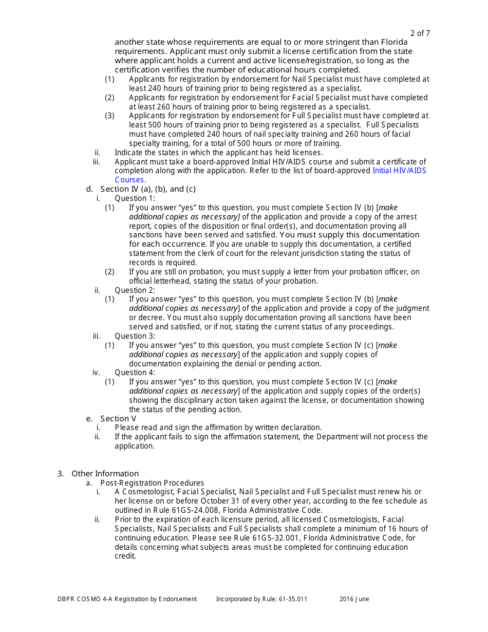 Form DBPR COSMO4-A Application for Registration by Endorsement - Florida, Page 2