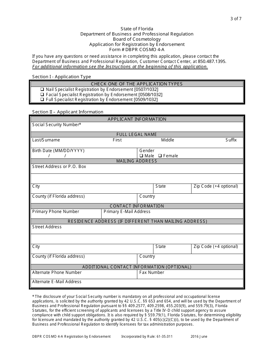 Form DBPR COSMO4-A Application for Registration by Endorsement - Florida, Page 3