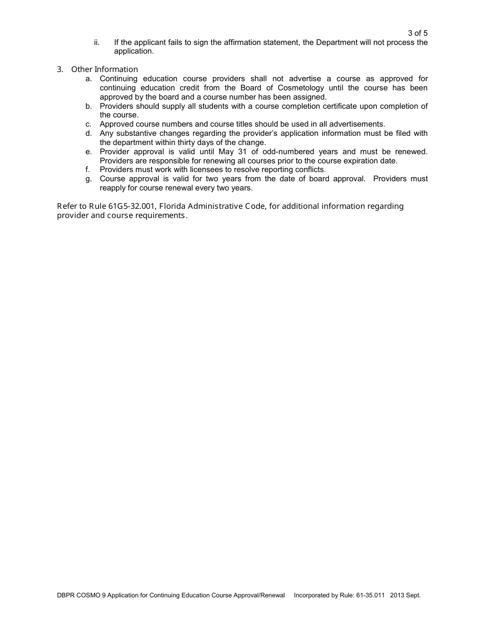 Form DBPR COSMO9 Application for Continuing Education Course Approval or Renewal - Florida, Page 3