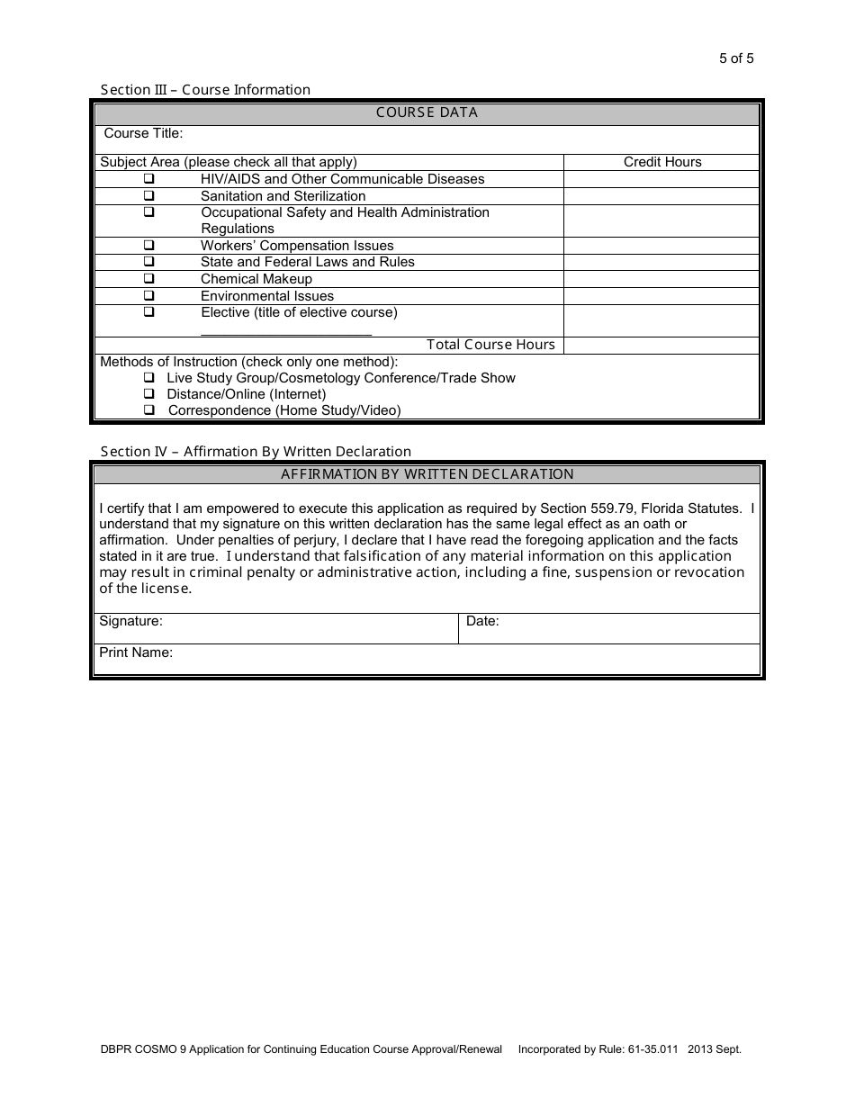 Form DBPR COSMO9 Application for Continuing Education Course Approval or Renewal - Florida, Page 5