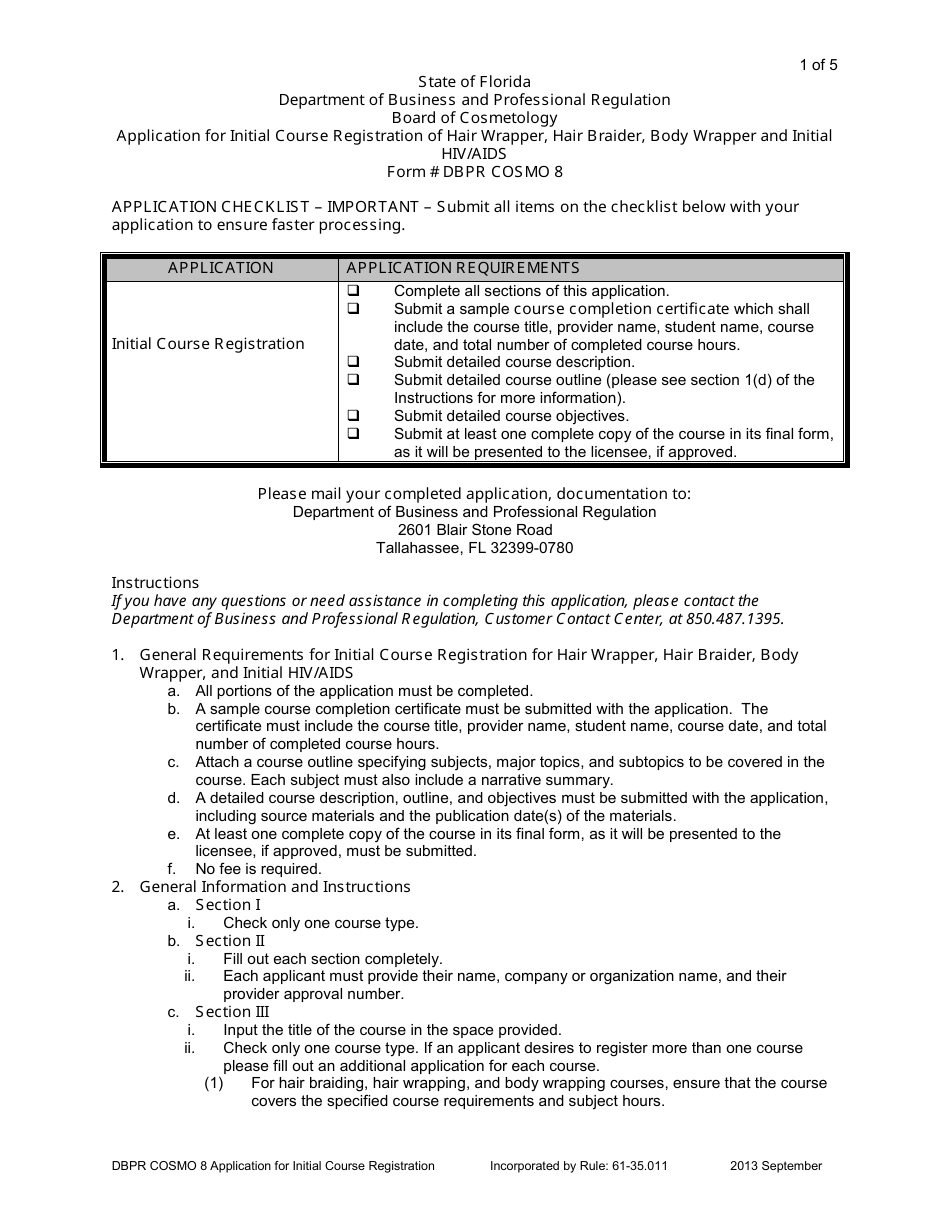 Form DBPR COSMO8 Application for Initial Course Registration of Hair Wrapper, Hair Braider, Body Wrapper and Initial HIV / Aids - Florida, Page 1