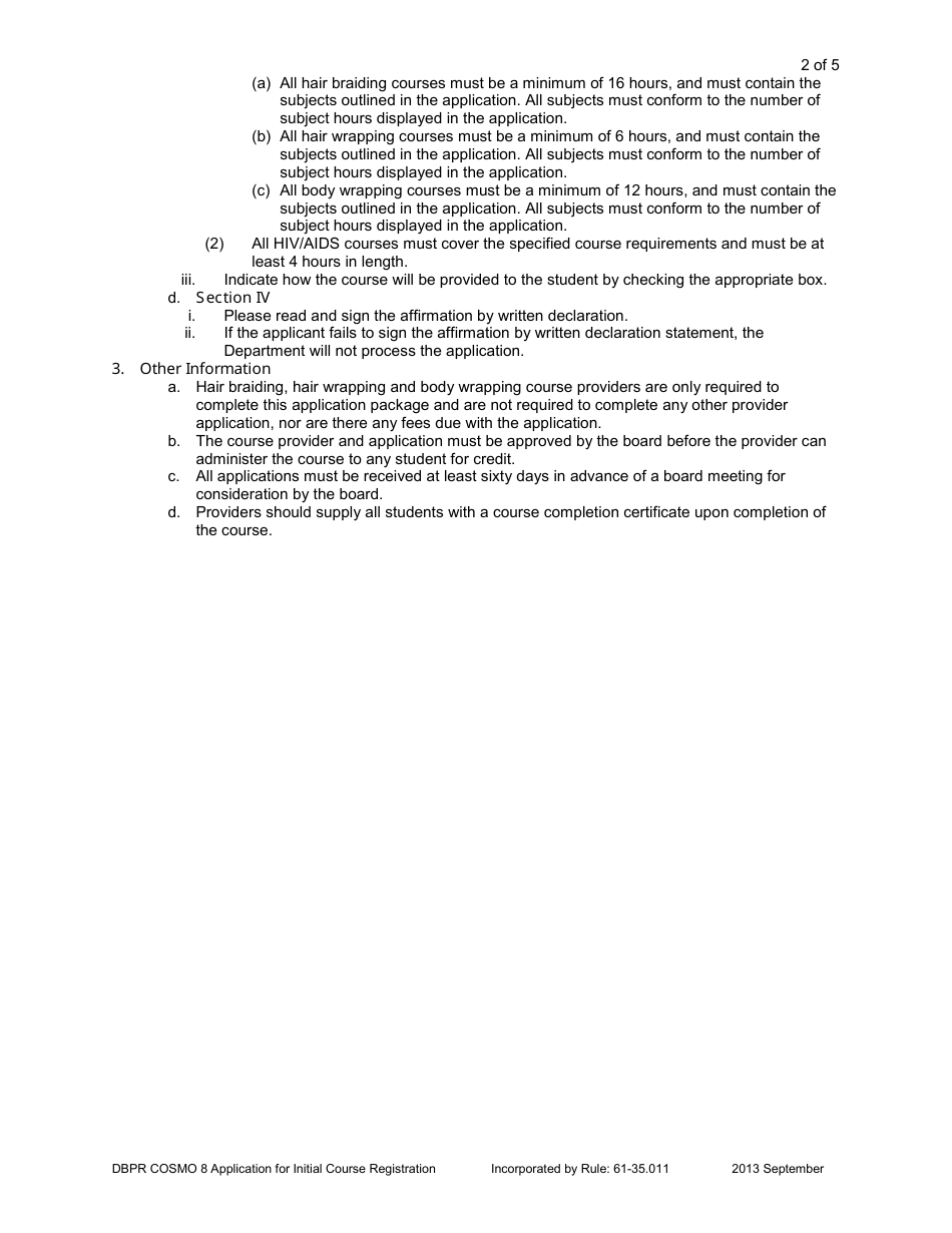 Form DBPR COSMO8 Application for Initial Course Registration of Hair Wrapper, Hair Braider, Body Wrapper and Initial HIV / Aids - Florida, Page 2