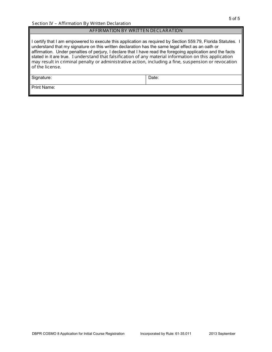 Form DBPR COSMO8 Application for Initial Course Registration of Hair Wrapper, Hair Braider, Body Wrapper and Initial HIV / Aids - Florida, Page 5