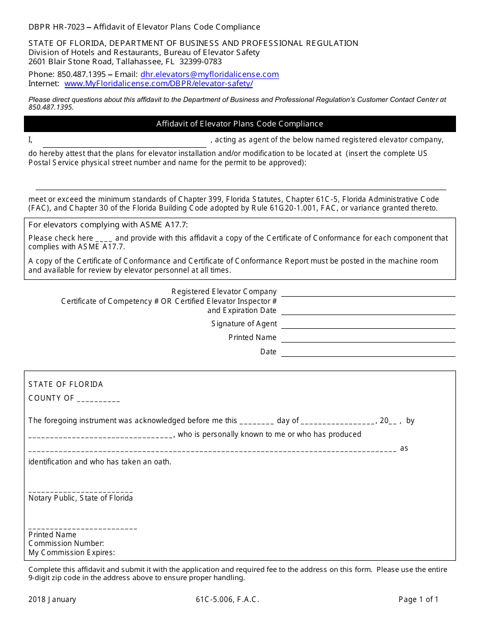 Form DBPR HR-7023 Affidavit of Elevator Plans Code Compliance - Florida, Page 1
