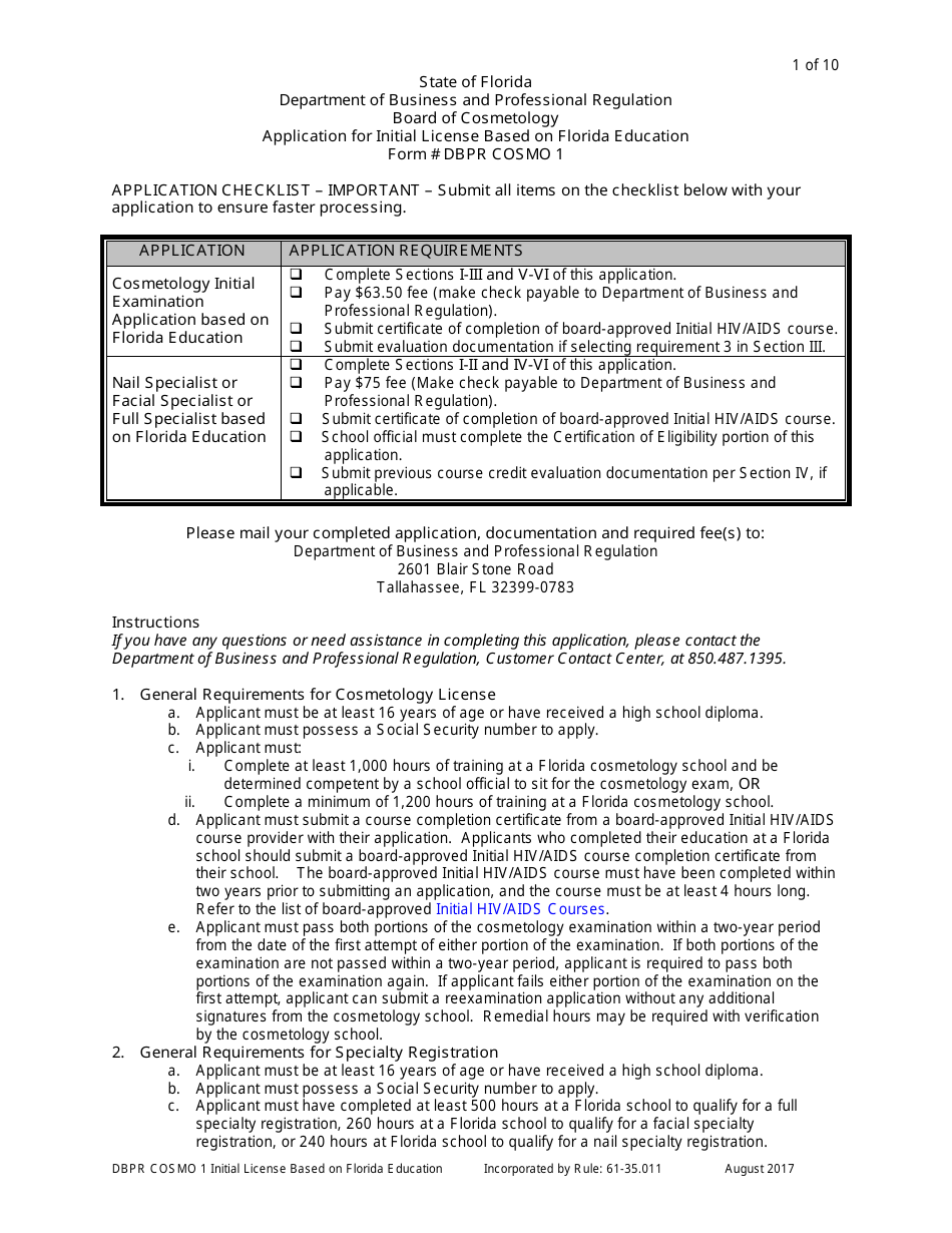 Form DBPR COSMO1 Application for Initial License Based on Florida Education - Florida, Page 1