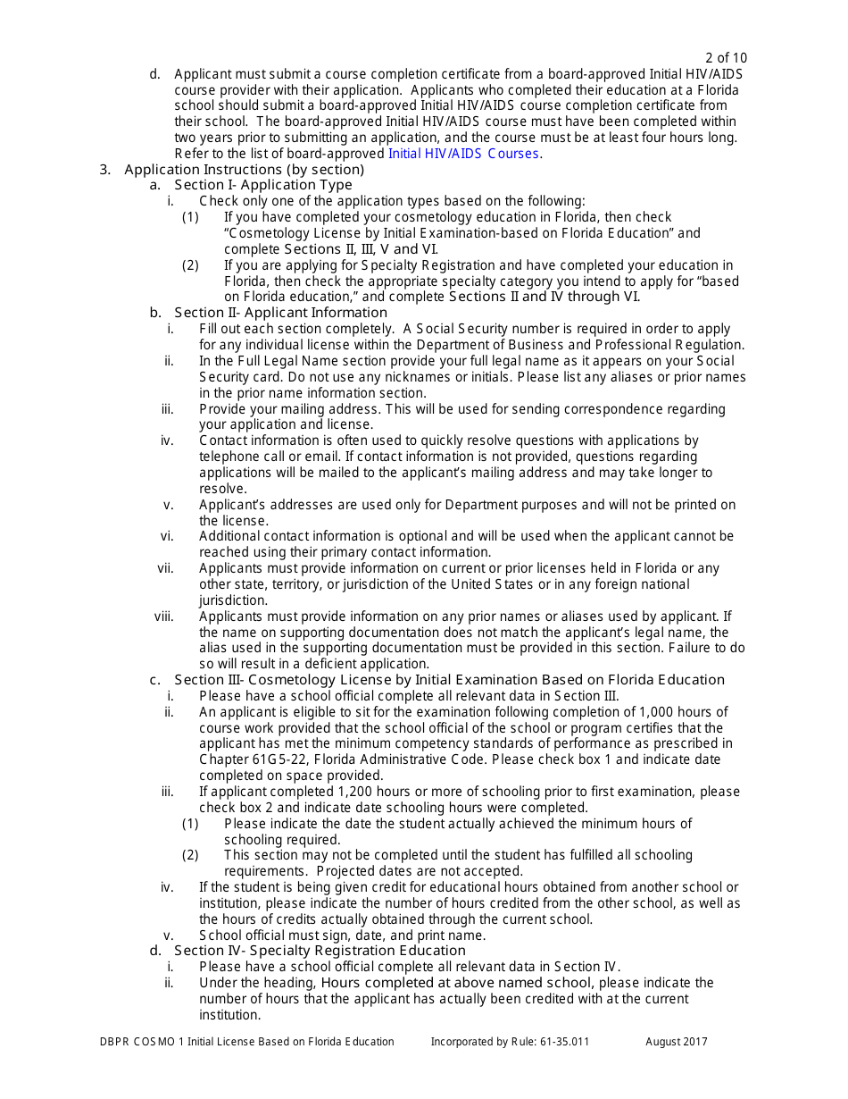 Form DBPR COSMO1 Application for Initial License Based on Florida Education - Florida, Page 2