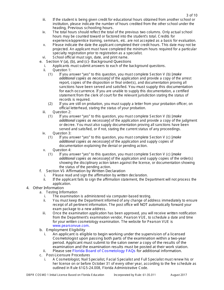 Form DBPR COSMO1 Application for Initial License Based on Florida Education - Florida, Page 3