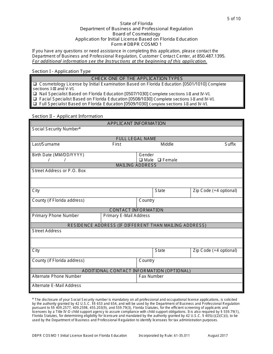 Form DBPR COSMO1 - Fill Out, Sign Online and Download Printable PDF ...