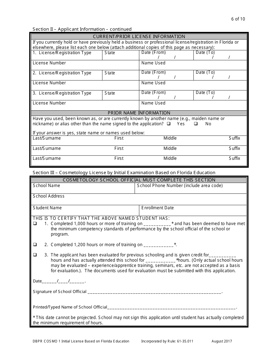 Form DBPR COSMO1 Application for Initial License Based on Florida Education - Florida, Page 6