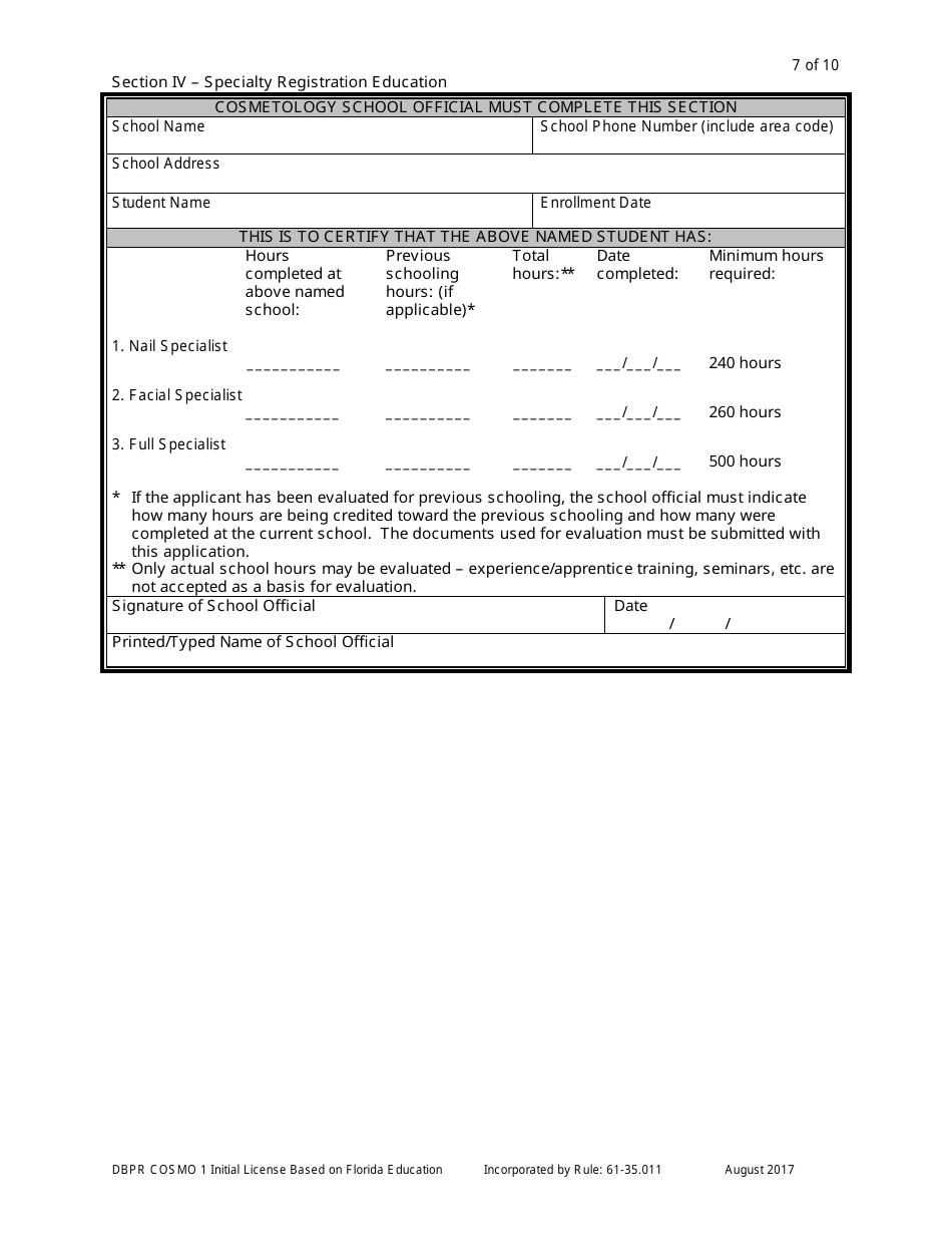 Form DBPR COSMO1 Application for Initial License Based on Florida Education - Florida, Page 7