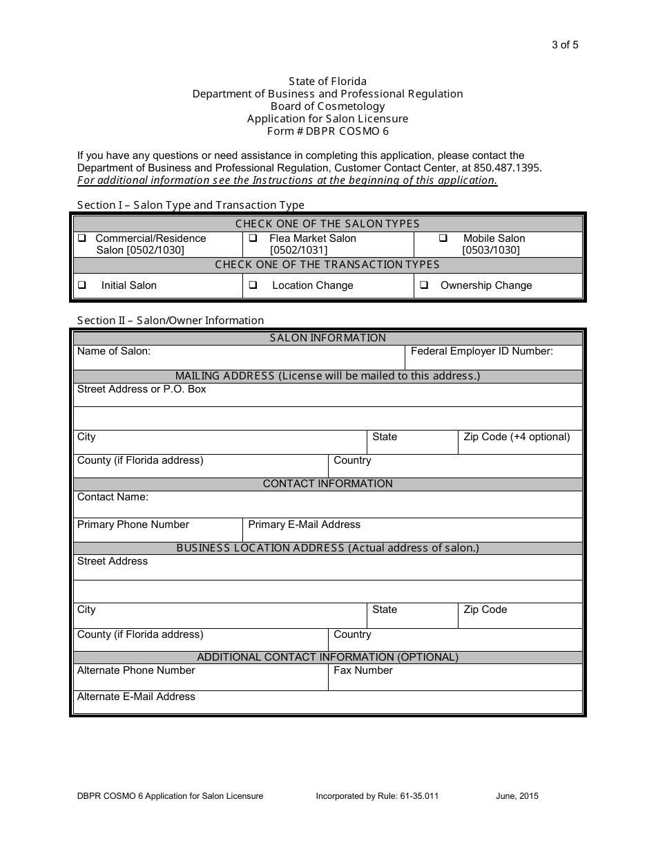 Form DBPR COSMO6 Application for Salon Licensure - Florida, Page 3