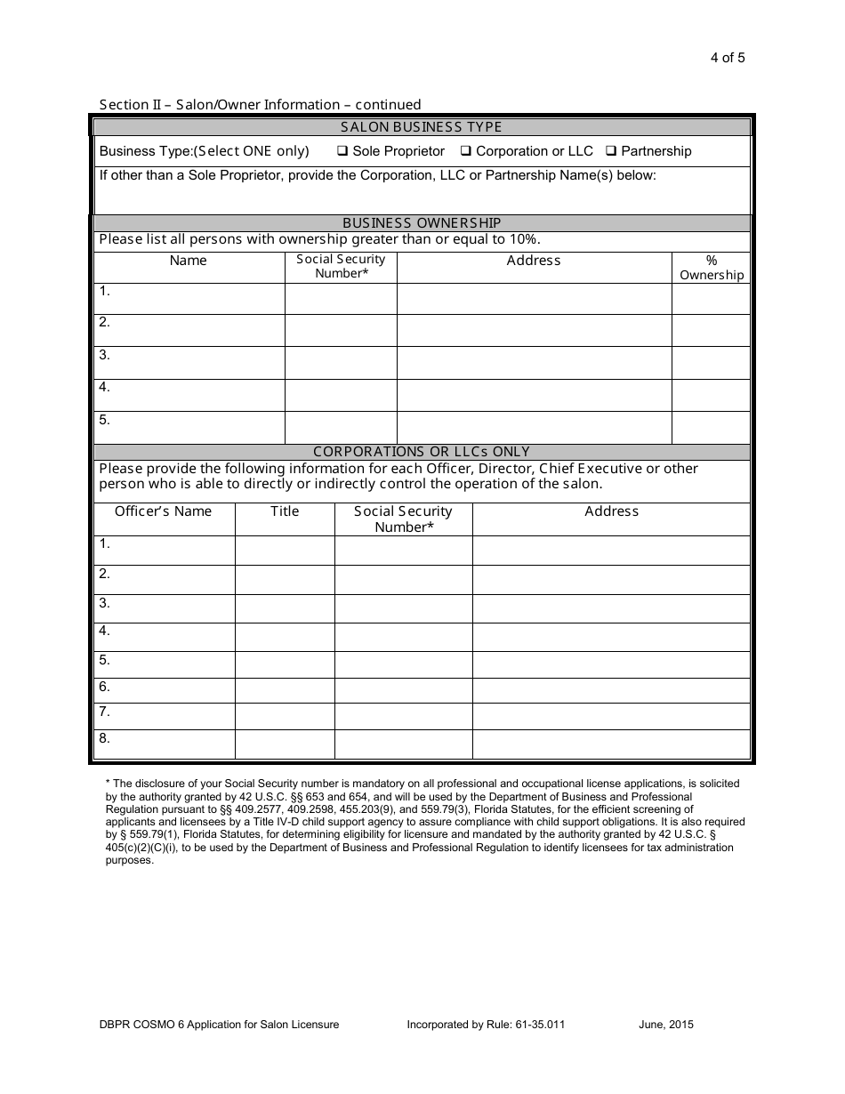 Form DBPR COSMO6 Application for Salon Licensure - Florida, Page 4