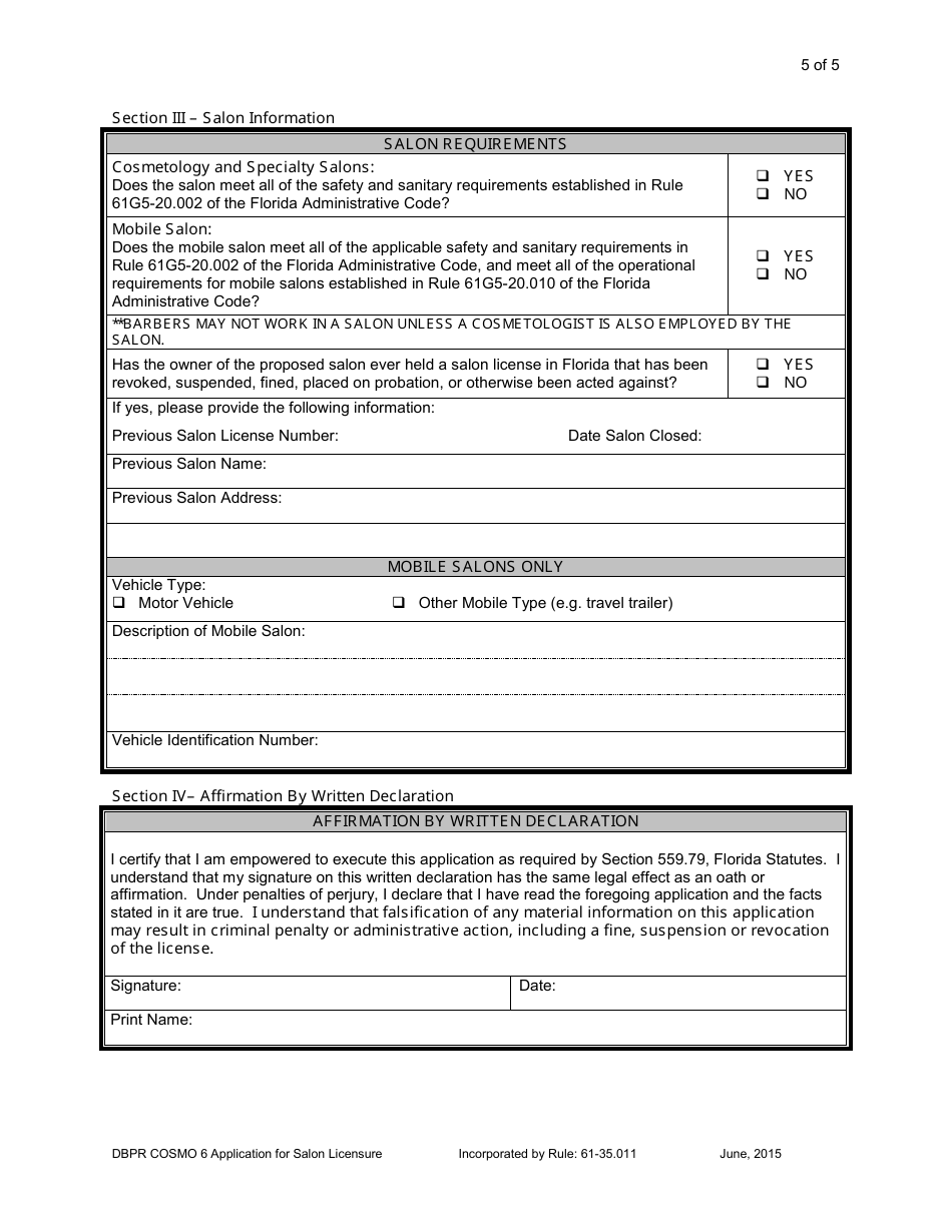 Form DBPR COSMO6 Application for Salon Licensure - Florida, Page 5