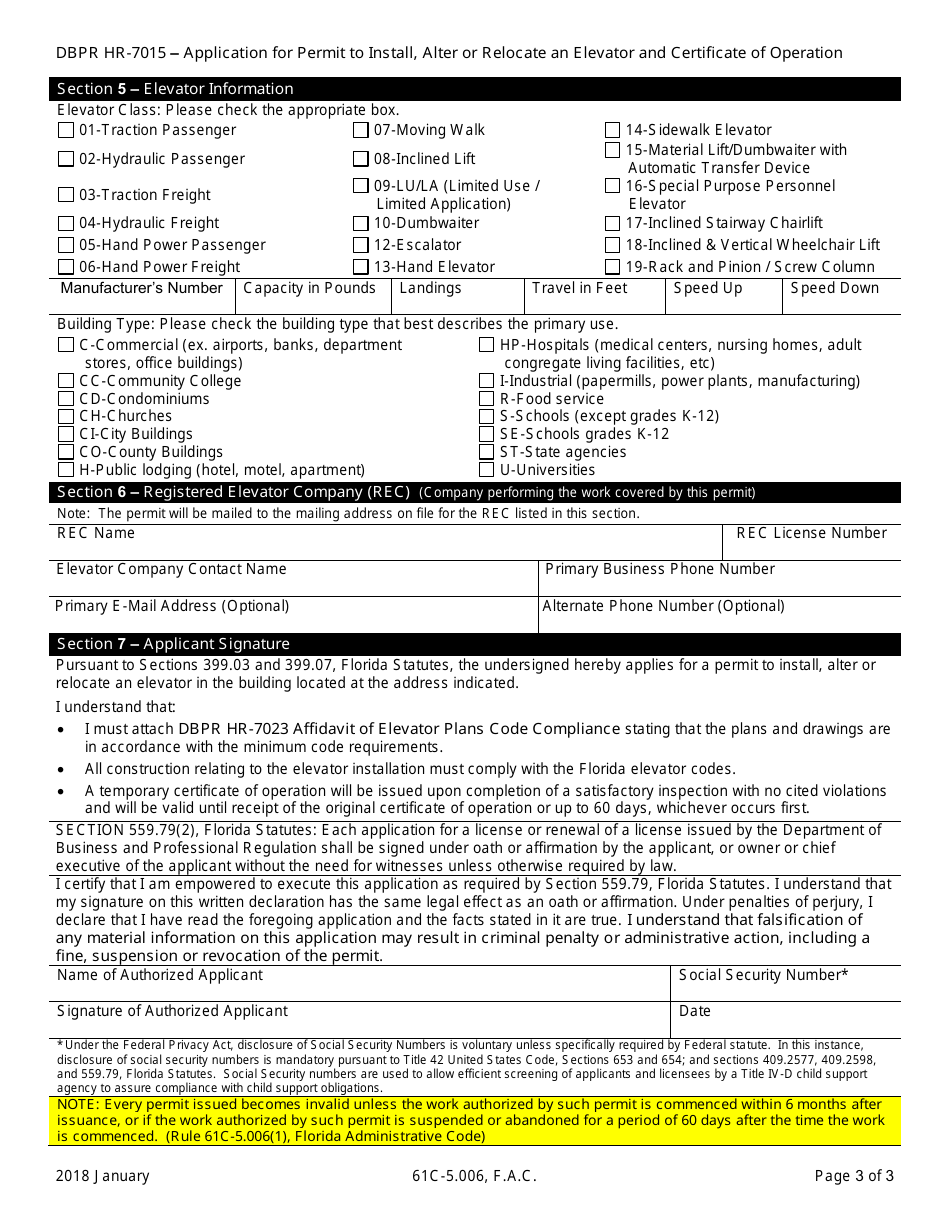 Form DBPR HR-7015 Application for Permit to Install, Alter or Relocate an Elevator and Certificate of Operation - Florida, Page 3