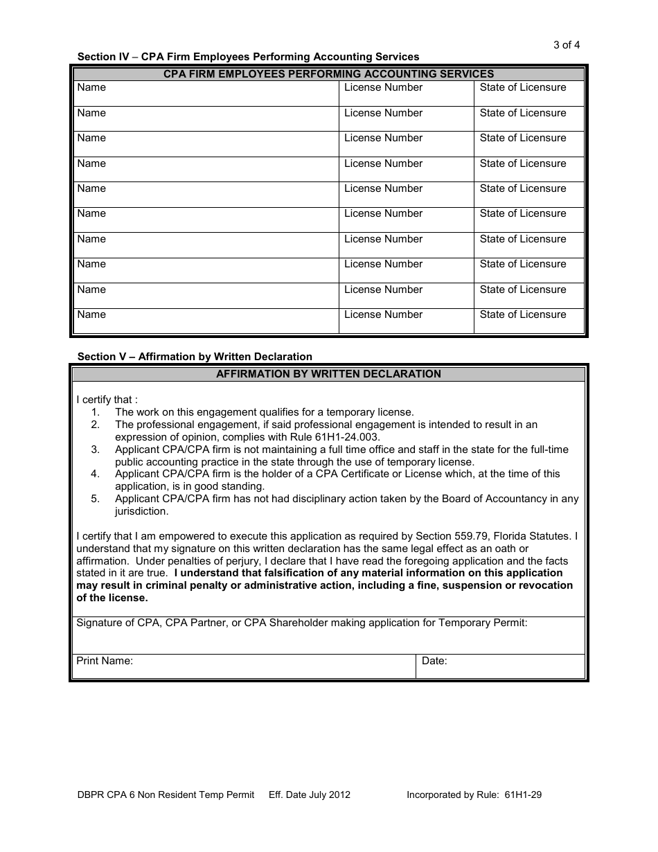 Form DBPR CPA6 Application for CPA Non Resident Temporary Practice Permit - Florida, Page 3