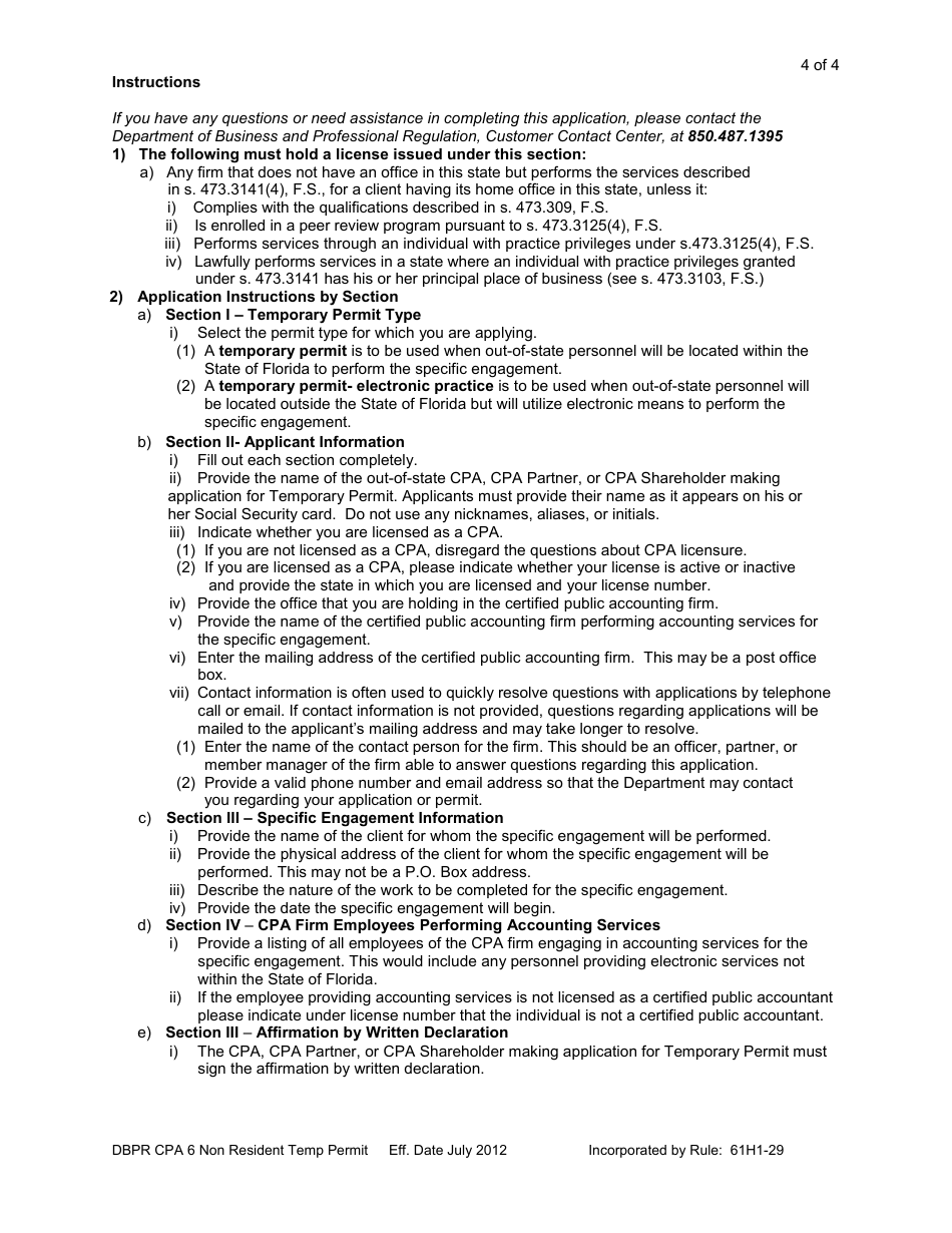 Form DBPR CPA6 Application for CPA Non Resident Temporary Practice Permit - Florida, Page 4