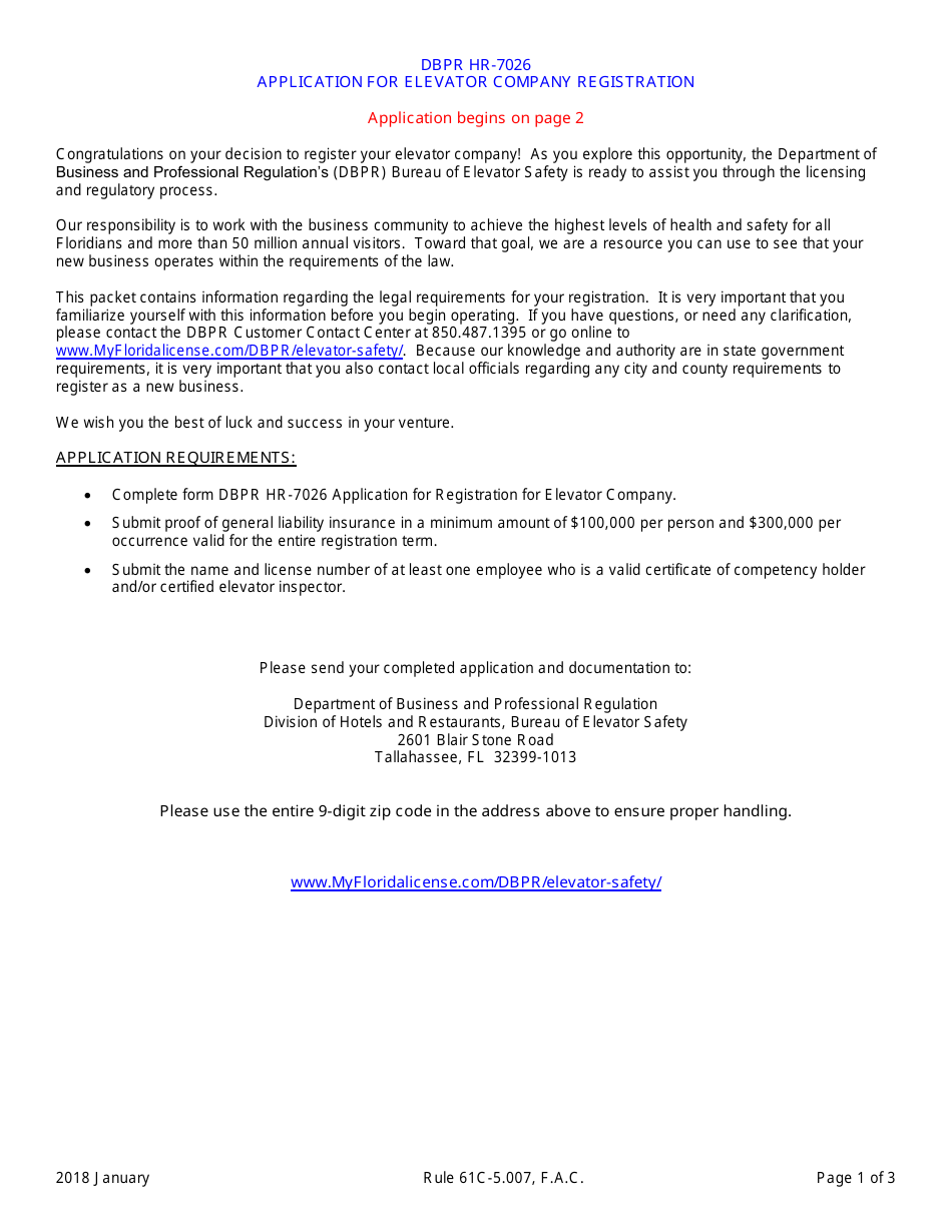 Form DBPR HR-7026 Application for Elevator Company Registration - Florida, Page 1