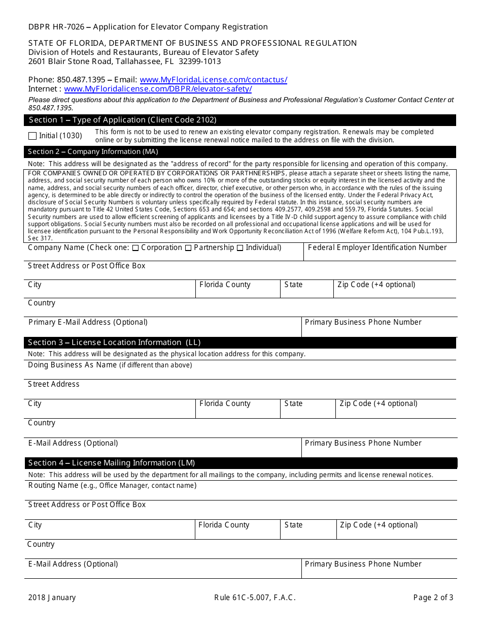 Form DBPR HR-7026 Application for Elevator Company Registration - Florida, Page 2