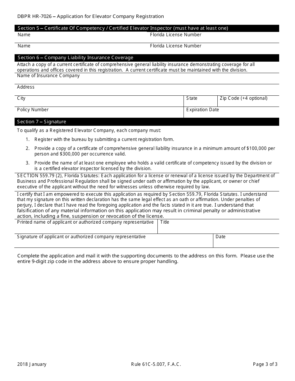 Form DBPR HR-7026 Application for Elevator Company Registration - Florida, Page 3