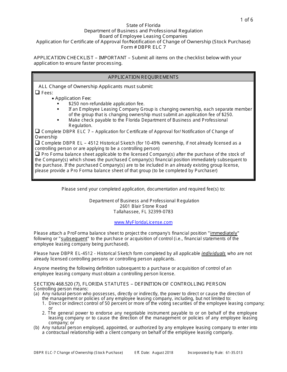 Form DBPR ELC7 Application for Certificate of Approval for / Notification of Change of Ownership (Stock Purchase) - Florida, Page 1