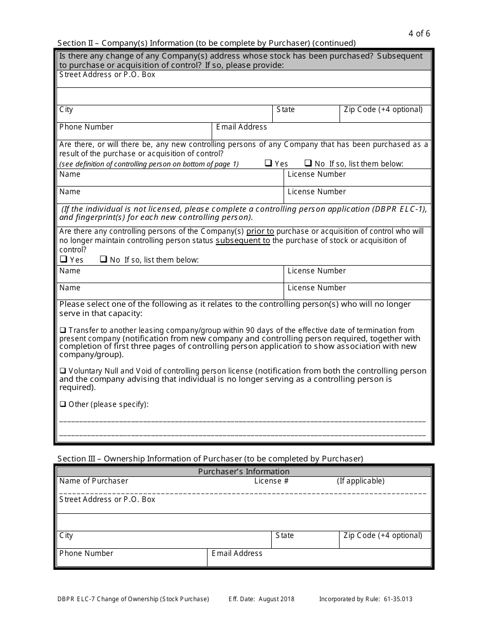 Form DBPR ELC7 Application for Certificate of Approval for / Notification of Change of Ownership (Stock Purchase) - Florida, Page 4