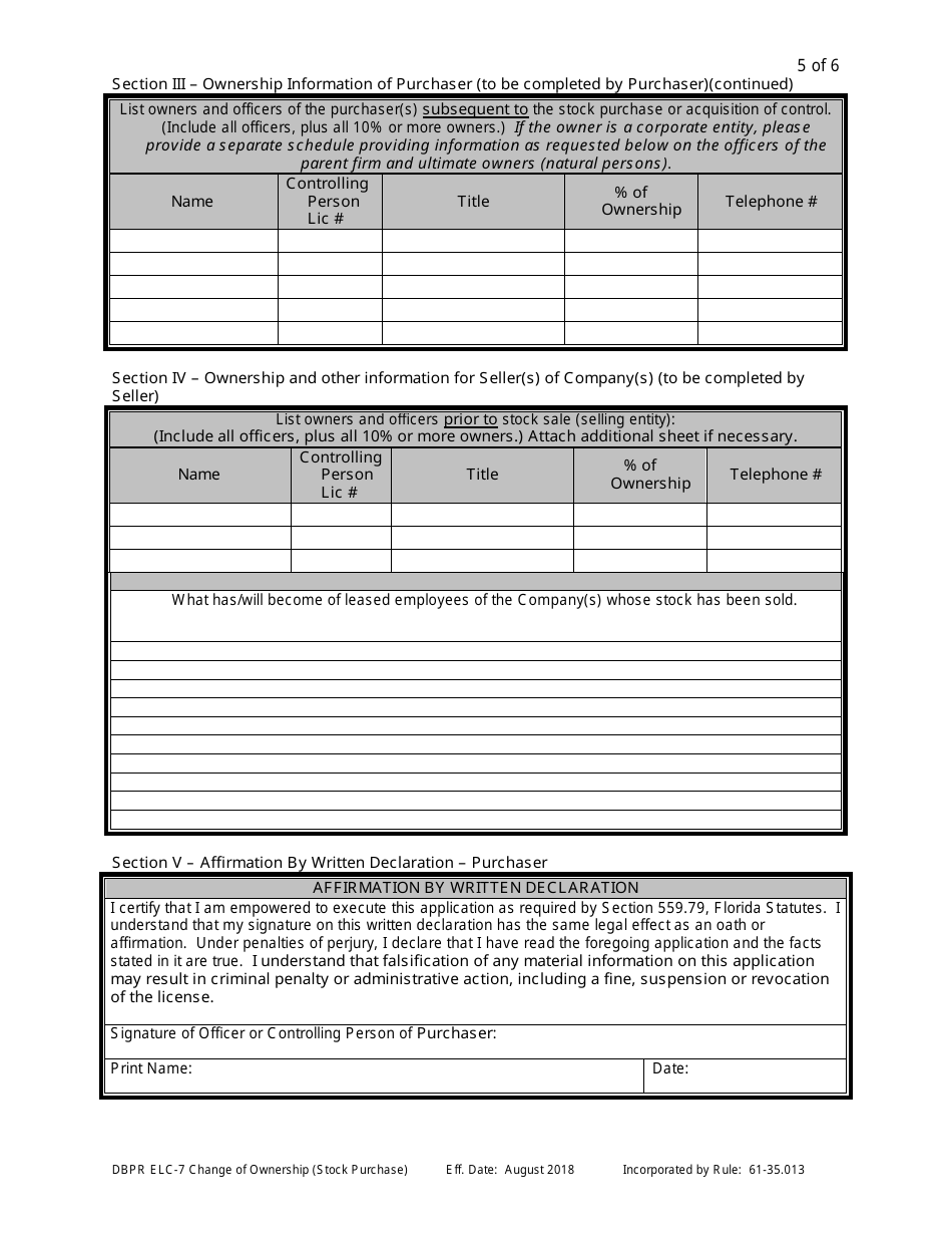 Form DBPR ELC7 Application for Certificate of Approval for / Notification of Change of Ownership (Stock Purchase) - Florida, Page 5