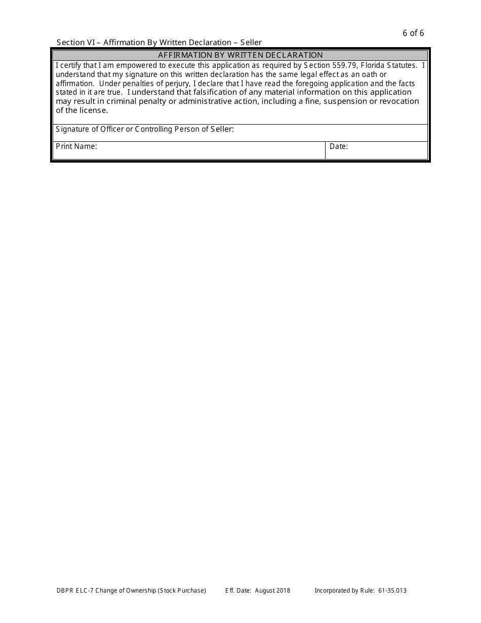 Form DBPR ELC7 Application for Certificate of Approval for / Notification of Change of Ownership (Stock Purchase) - Florida, Page 6