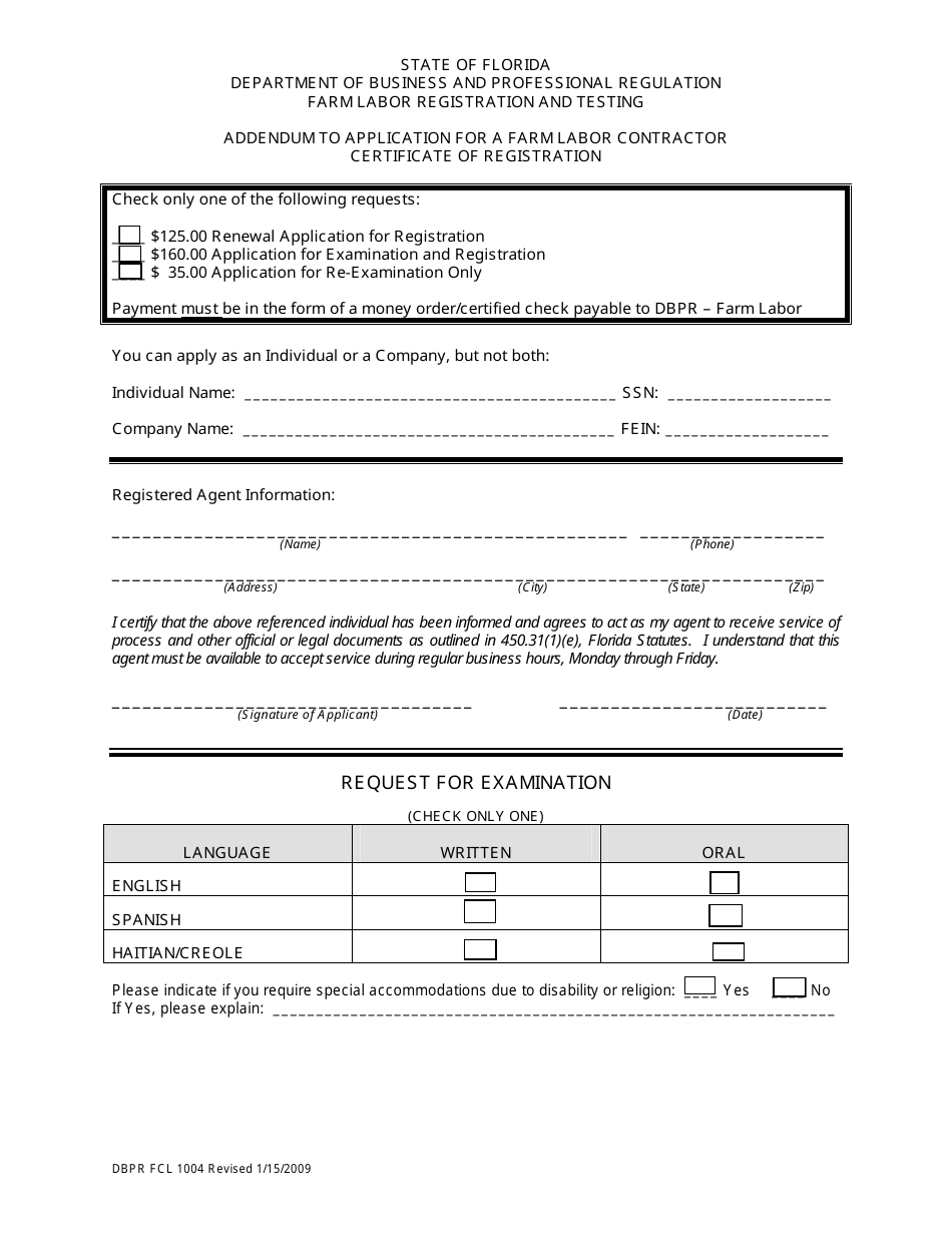 Form DBPR FCL1004 Addendum to Application for a Farm Labor Contractor Certificate of Registration - Florida, Page 1