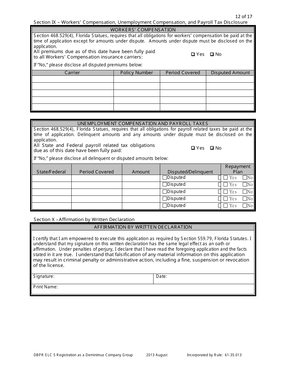 Form DBPR ELC5 Application for Registration as a Deminimus Employee Leasing Company Group - Florida, Page 12
