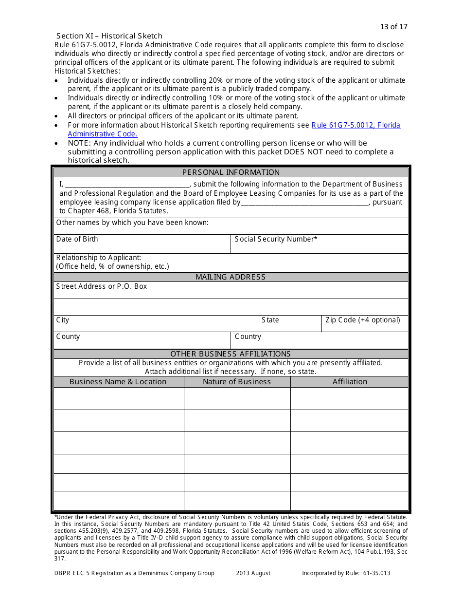 Form DBPR ELC5 Application for Registration as a Deminimus Employee Leasing Company Group - Florida, Page 13